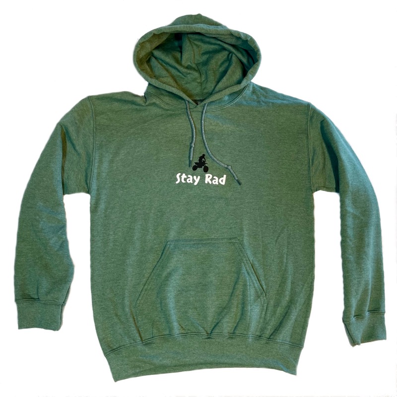 Stay Rad hoodie in heather green with a dirt bike rider graphic
