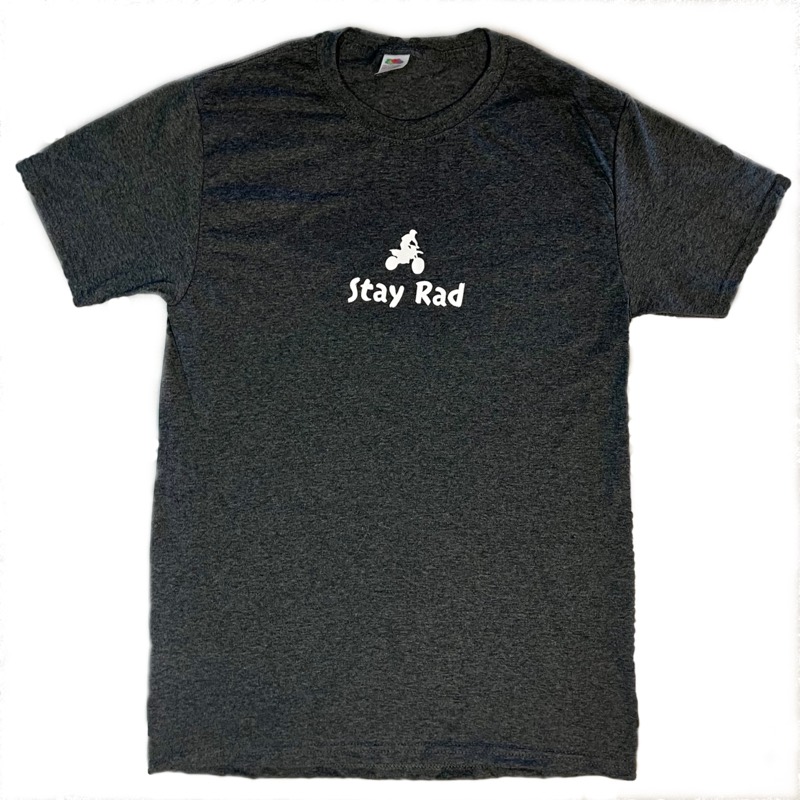 Stay Rad t-shirt in charcoal with a dirt bike rider graphic